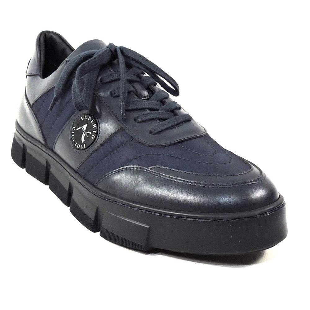 ALBERTO CICCIOLI 🇮🇹 MEN'S  BLUE FABRIC  & BLACK SOFT LEATHER COMFORT SNEAKERS - Picture 3 of 7